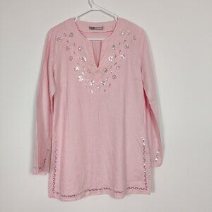 LC Waikiki Women's 100% Linen Tunic Shirt Size Large Mini Dress Bohemian Sequins